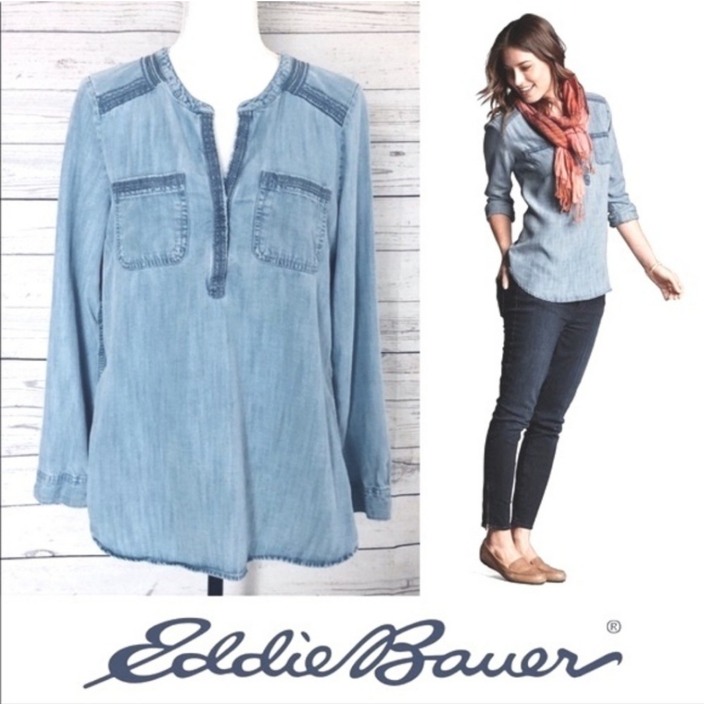 NWT Eddie Bauer 100% Lyocell Chambray Bleached Long Sleeve Tunic Size XS